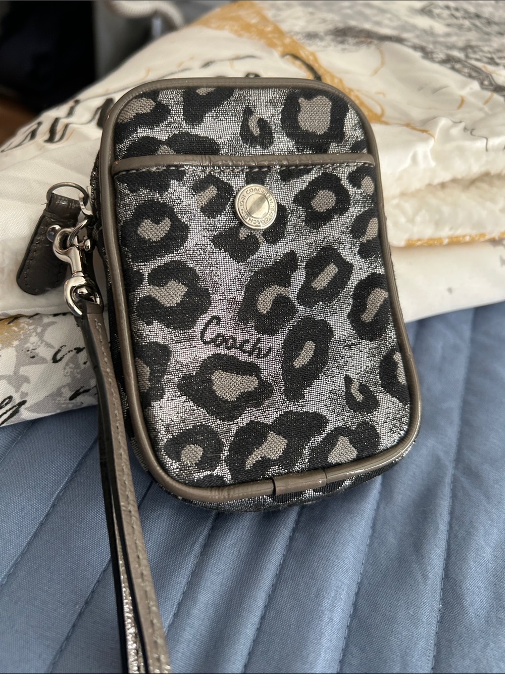 Coach Metallic Gray and Black Leopard Wristlet Phone Pouch